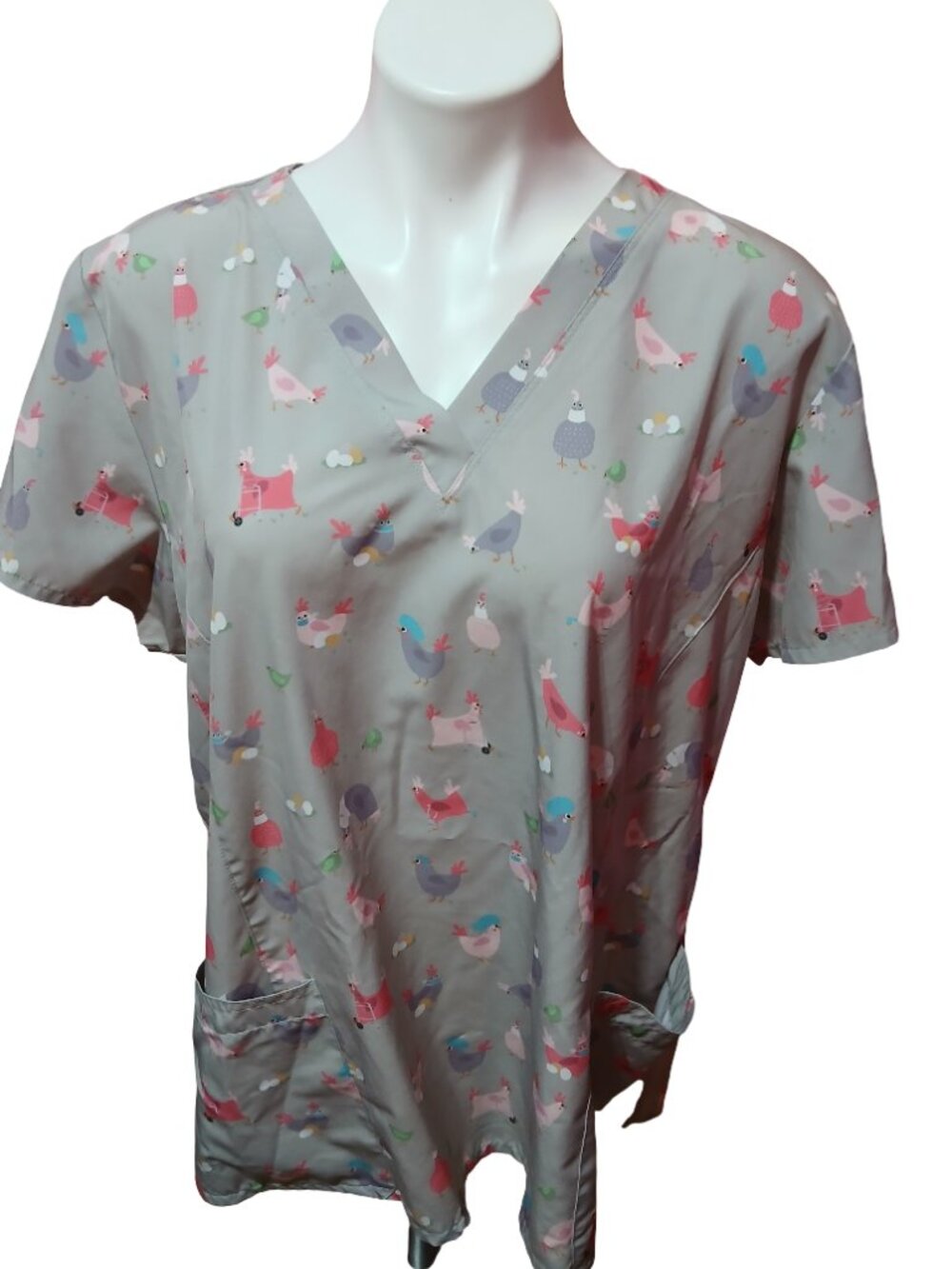 Maevn Hot Chicks Chicken Gray Patterned Womens Scrub Top XL